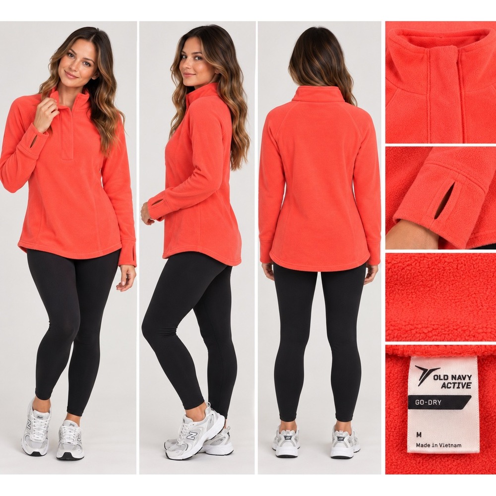 Old Navy Fleece Pullover Womens Medium Coral Sporty Chic Athleisure Go-Dry Zip